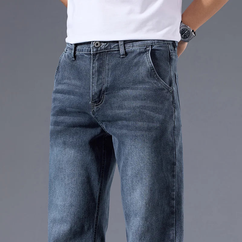 Men's loose straight leg jeans retro washed elastic casual pants suitable for all seasons versatile pants