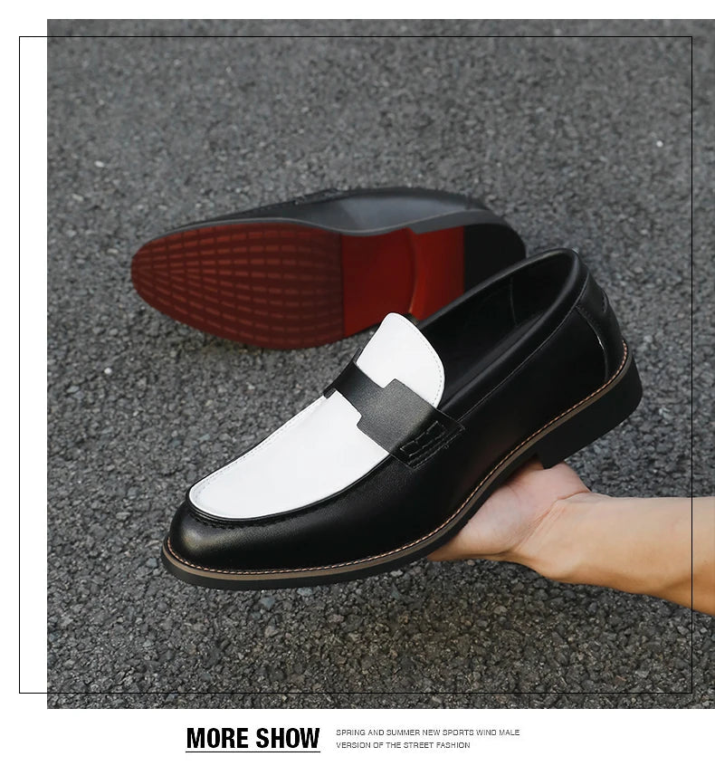 Luxury Brand Loafers Men's Black and White Color Leather Shoes Slip-on Fashion Soft-soled Casual Shoes Party Wedding Moccasin