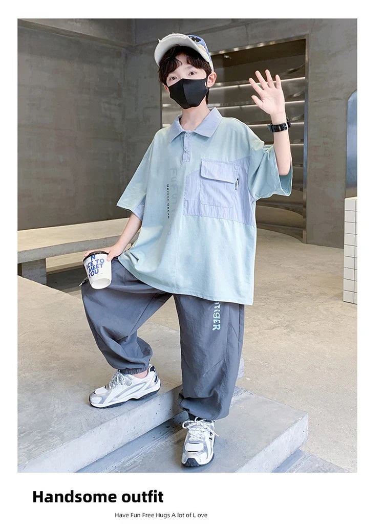School Boys Fashion Summer Top And Bottom Clothes Set Polo Shirt + Pants 2 Pieces Clothing Suit Kids Children Casual Tracksuit