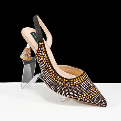 New Italian Pumps and Bag To Party 2024 INS Style Pointed-Toe Rhinestone Elegant High Heels Champagne Wedge for Women