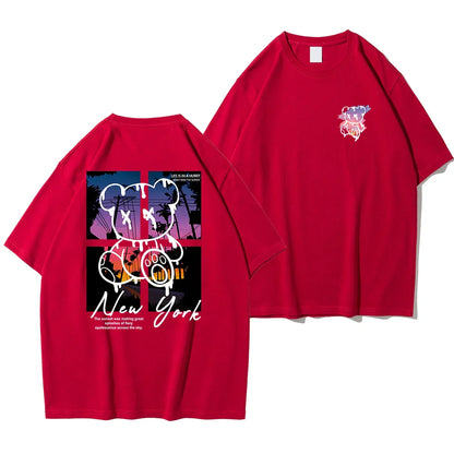 New York Art Word Cartoon Bear Sunset Scenery Design T Shirts Men Fashion Cotton Shirt Loose Summer T Shirts Oversized Tee