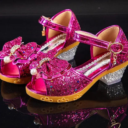 Girls Sandals Summer 2023  New Children's Princess Shoes Little Girls High-heeled Bow-knot Crystal Sandals Party Dress Wedding