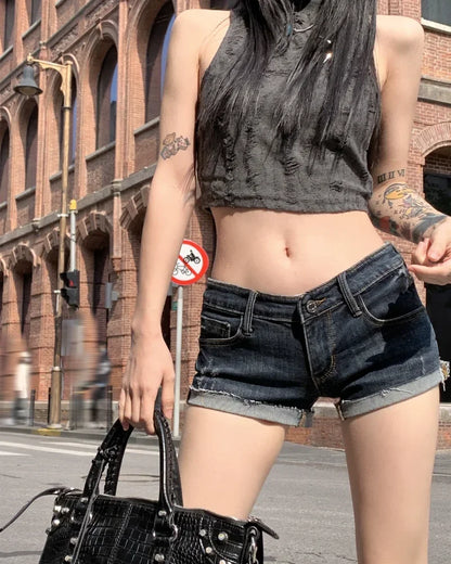 Summer New Female Fashion Hot Girl Street Casual Hip Wrap Sexy Mini Shorts Women's Low Rise Elastic Tight Curled Denim Shorts