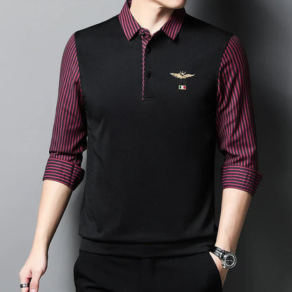 2025 New Men's Casual and Fashionable Long Sleeved POLO Shirt with Contrasting Print Anti Wrinkle Top