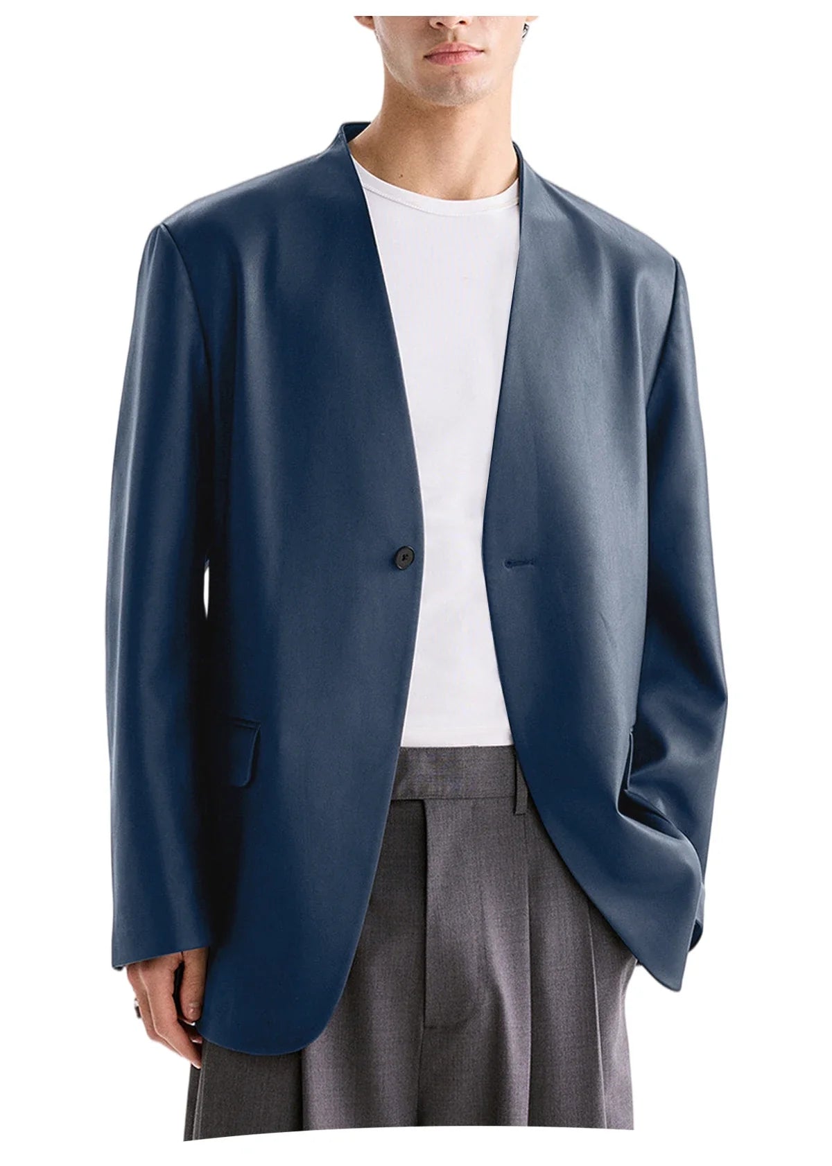 Luxury Men's PU Leather Blazer Collarless Jacket Loose 1 Button Elegant Solid Color Coat for Party Wedding Office Daily Wear