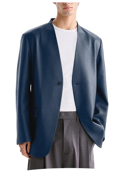 Luxury Men's PU Leather Blazer Collarless Jacket Loose 1 Button Elegant Solid Color Coat for Party Wedding Office Daily Wear
