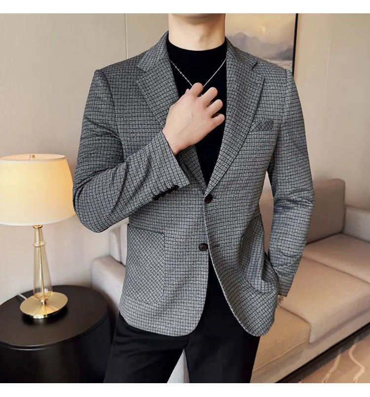 British Style Plaid Suit Jacket For Men 2025 New Business Casual Slim Blazer Formal Wedding Party Suit Dress Coats Men Clothing