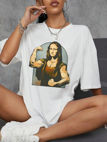 Playing Pranks on Mona Lisa Fitness Print Womens T Shirt Casual T-Shirt Casual Short Sleeve Loose Tshirt