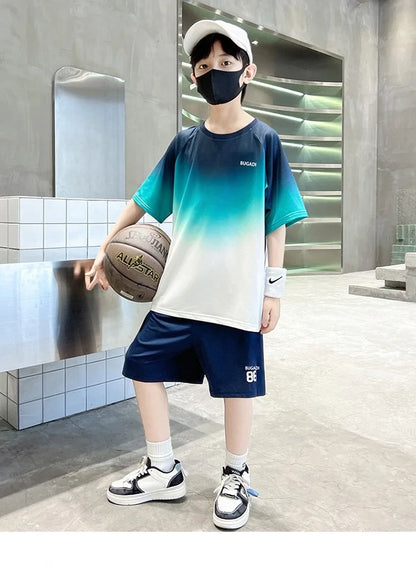 Summer Boys Gradient Quick-dry T-Shirt Top+Shorts Pant Sportswear Set School Kids 2PCS Tracksuit Children Jersey Outfit 5-16 Yr