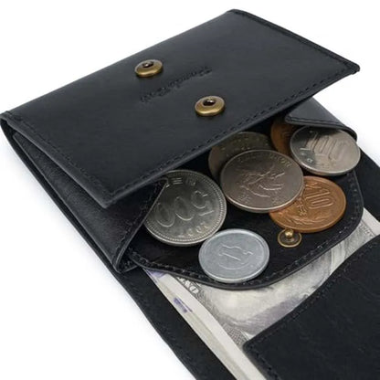 Men's Small Wallet Made of Fine Grain Leather Vintage Genuine Leather Mini Wallet with Coin Compartment and Press Stud