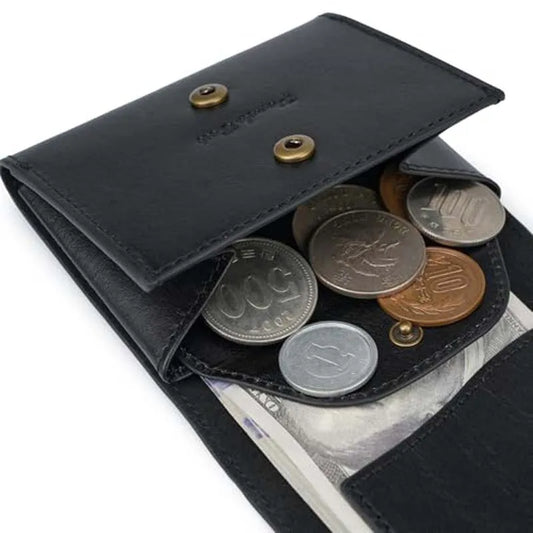Petit portefeuille homme en cuir pleine fleur vintage véritable avec compartiment à monnaie et bouton-pression