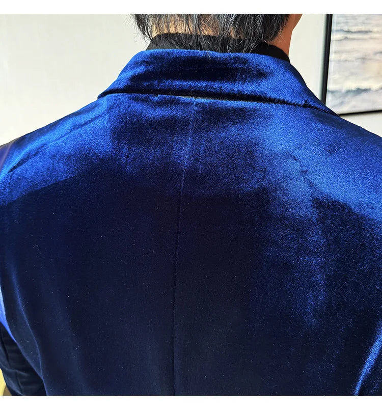 Leather Splicing Mercerized Velvet Suit Jacket 2025 Autumn New Men's High-end Business Slim Fit Fashion Party Tailcoat 4XL-M