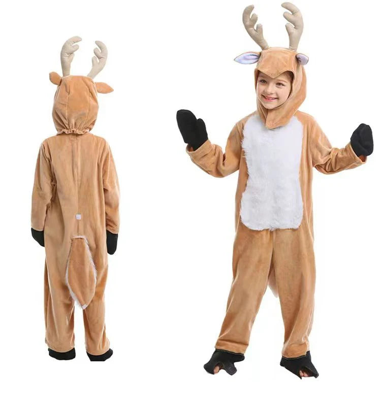 Children's Reindeer Cosplay Costume, One-piece Suit with Hat, Suitable for Halloween and Christmas Stage Performances