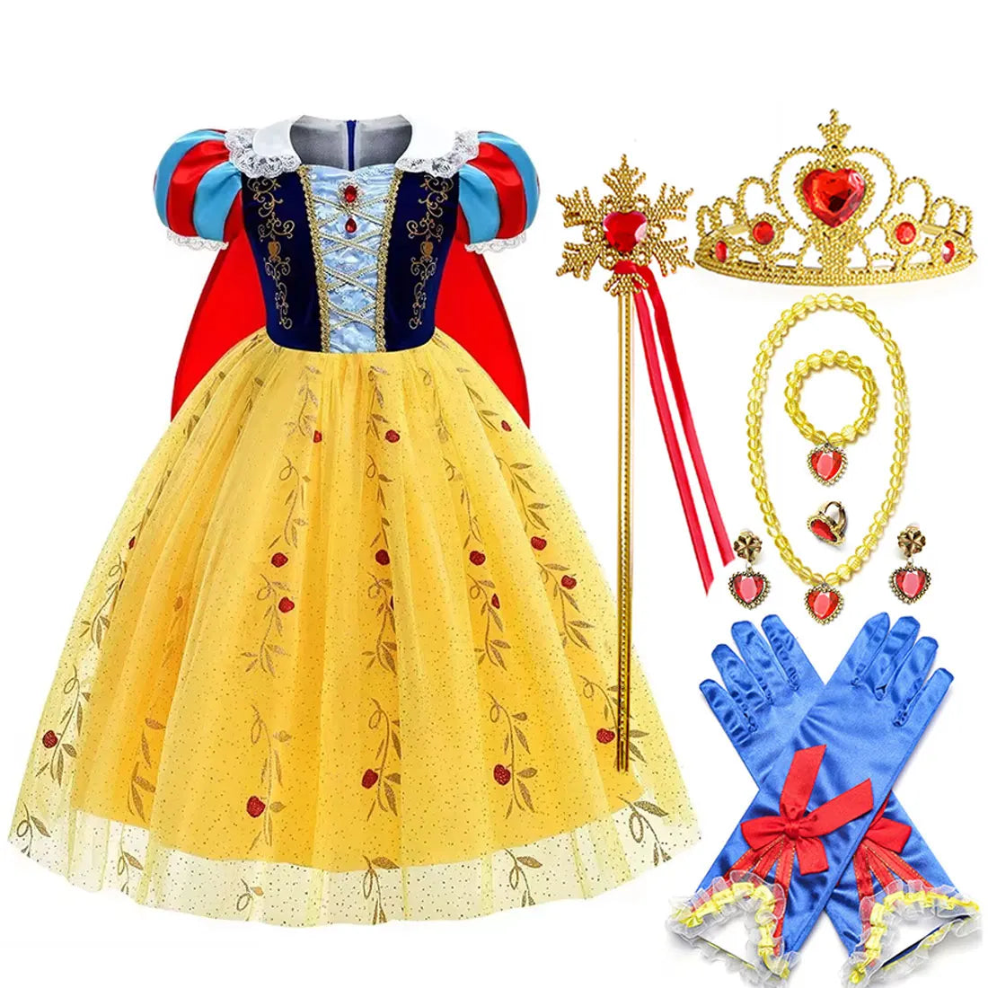 2026 Disney Girl Cosplay Snow White Dress Yellow Luxury Costume With Cloak Holiday Party Gift For Girl Dress + Apple Accessories
