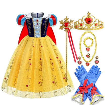 2026 Disney Girl Cosplay Snow White Dress Yellow Luxury Costume With Cloak Holiday Party Gift For Girl Dress + Apple Accessories