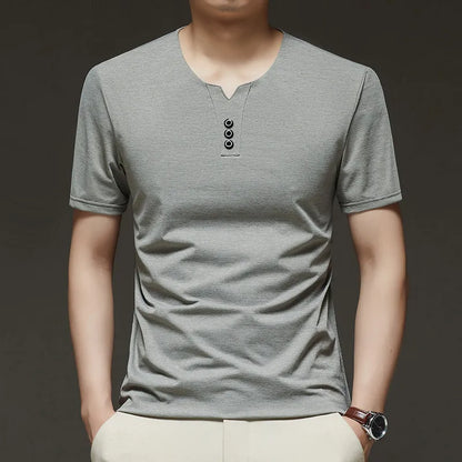2026 New Men's Business Casual Three Button V-neck Short Sleeved T-shirt Korean Style Summer Comfortable Versatile Top