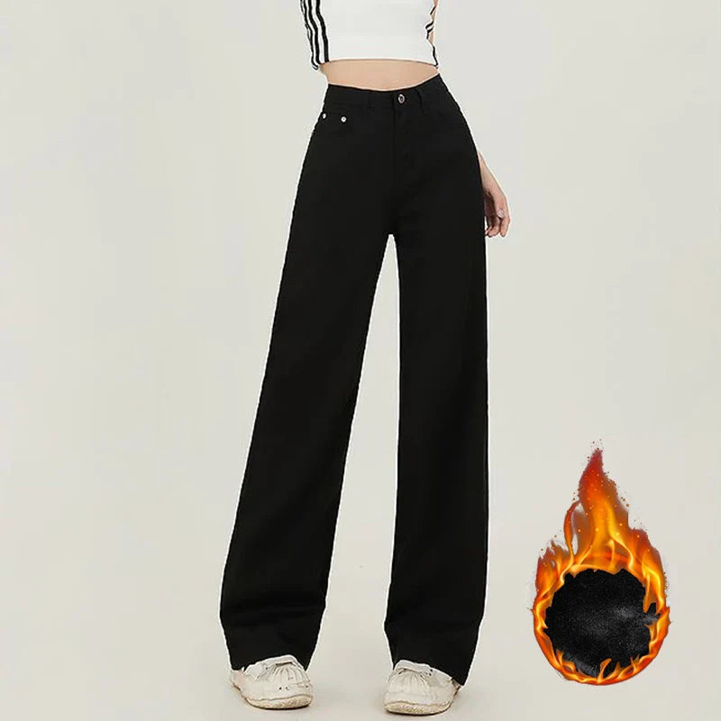 Winter Girls Thermal Fleece High Waist Jeans Lady Snow Warm Plush Denim Pants Women Classic Fashion Straight Leg Trousers