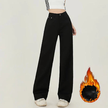 Winter Girls Thermal Fleece High Waist Jeans Lady Snow Warm Plush Denim Pants Women Classic Fashion Straight Leg Trousers