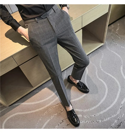 2026 High Quality Men's Plaid Striped Suit Pants Fashion Business Slim Fit Casual Straight Pants Formal Wedding Party Trousers