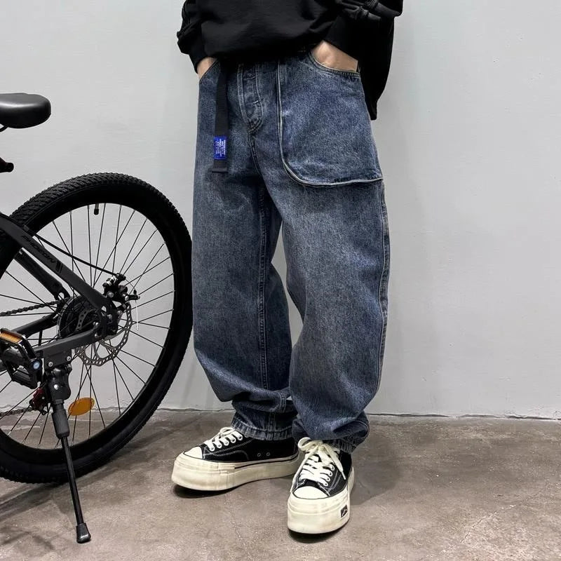 Spring Korean Vintage Men'S Jeans Three-Dimensional Large Pockets And Diagonal Zipper Design Wide Leg Casual Straight Leg Pants