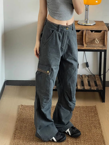 American Retro Workwear Denim Pants Women's High Waist Wide Leg Loose Straight Cut Trousers Spring Autumn New Sle Multi ket