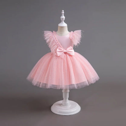 Summer Girls' New Bow Sequin Flying Sleeves Mesh Fluffy Skirt Piano Competition School Graduation Ceremony Dress