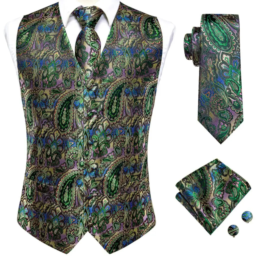 Navy Blue Mens Vest Formal Paisley Waistcoat Jacket Tie Handkerchief Cufflinks Set For Male Dress Suit Wedding Party