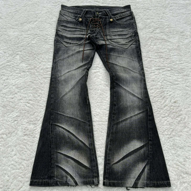 Y2K Distressed Flare Jeans Gothic Men Double Waist Lace Up Denim Pants Retro Washed Scratches Streetwear Unisex Bootcut Jeans