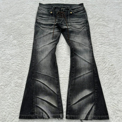 Y2K Distressed Flare Jeans Gothic Men Double Waist Lace Up Denim Pants Retro Washed Scratches Streetwear Unisex Bootcut Jeans