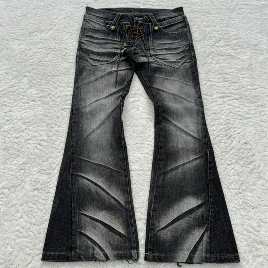 Y2K Distressed Flare Jeans Gothic Men Double Waist Lace Up Denim Pants Retro Washed Scratches Streetwear Unisex Bootcut Jeans