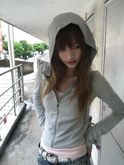 Y2k Japanese Hoodies Women Long Sleeve Striped Sweatshirt Streetwear American Striped Hoodies With Zipper E-girls