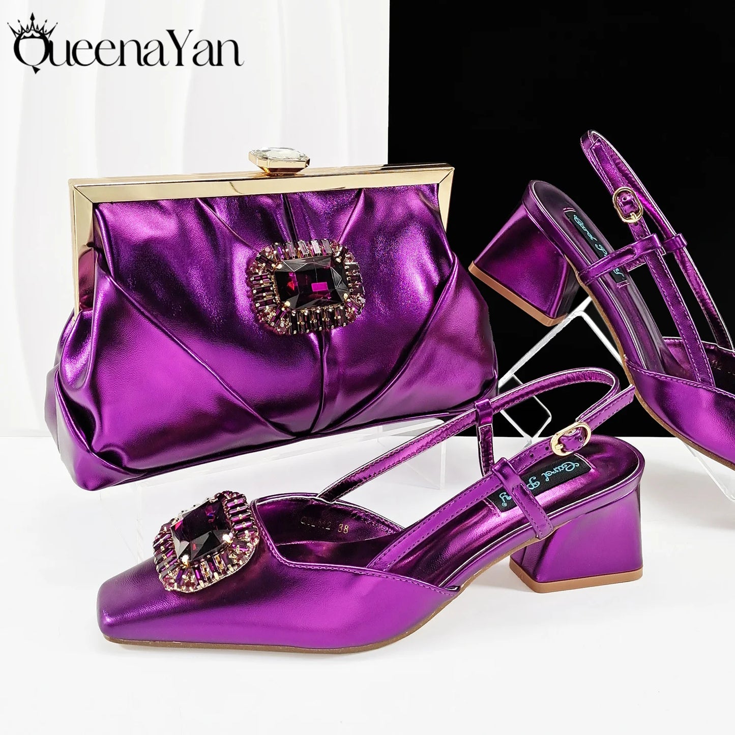2025 Nigerian Heel Party for Women Purple Color Shoes and Bag Set Rhinestone Handbag Italian Design Wedding