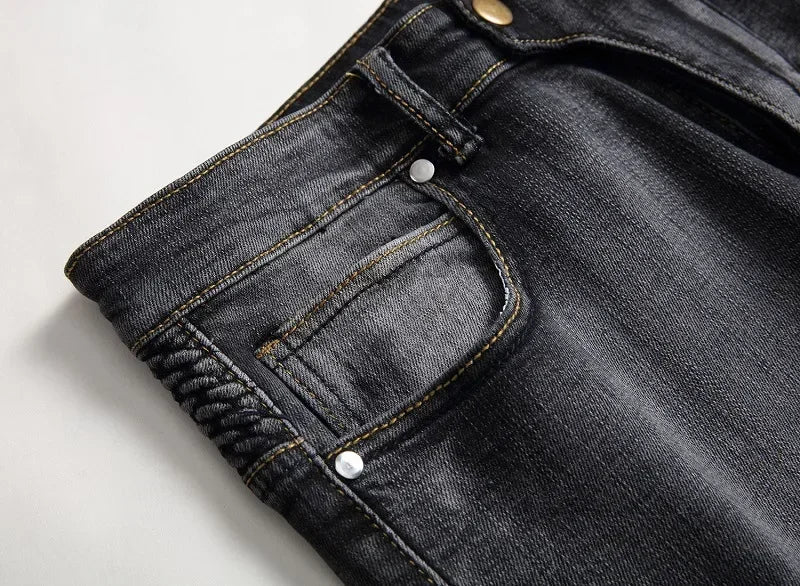 Men's New Casual Motorcycle Jeans Hip Hop Street Riding Stretch Slim Fit Straight Pants Patchwork Fashion Denim Trousers Male