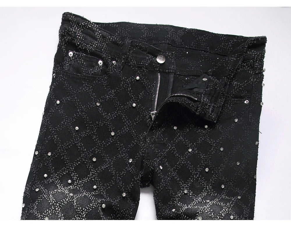Men's Crystal Boot Cut Jeans Punk Black Stretch Denim Pants Rivet Slim Flared Trousers Fashionable Bootcut Trousers