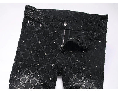 Men's Crystal Boot Cut Jeans Punk Black Stretch Denim Pants Rivet Slim Flared Trousers Fashionable Bootcut Trousers