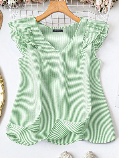 Stylish Women Tanks Tops 2025 ZANZEA Summer Striped Blouses Elegant V Neck Office Work Shirt Casual Sleeveless OL Blusas Mujer