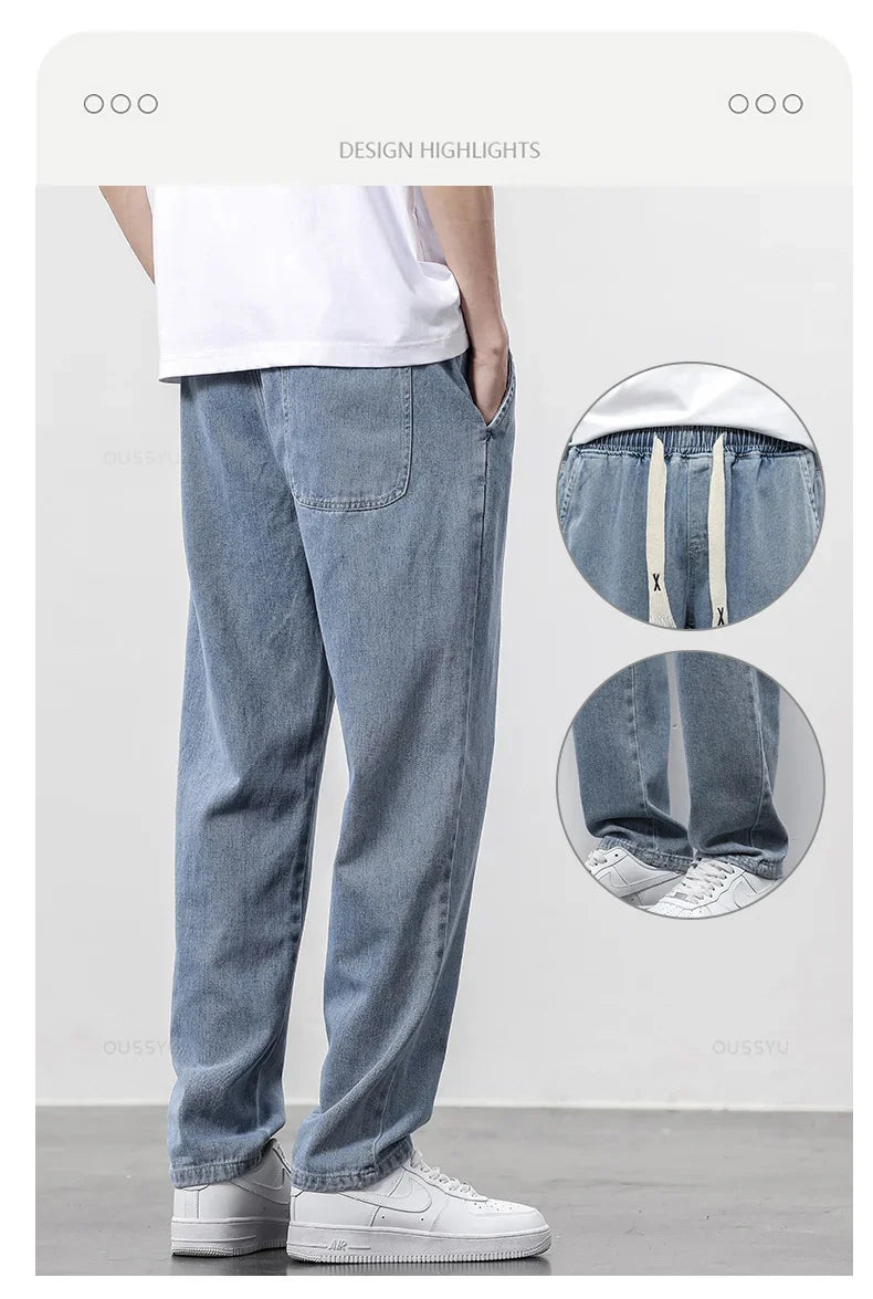 High Quality Fully Elastic Waist Men's Jeans Cotton Soft Drawstring Straight Pants Korea Casual Trousers Male Plus Size S-5XL