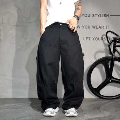 Mens Cargo Pants American Trendy Solid Black Cotton Heavyweight Wide Leg Loose Straight Streetwear Casual High Quality Pants