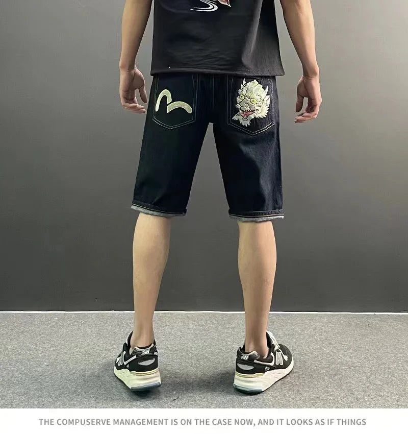 Men Embroidery Denim Shorts Black Hiphop Jeans Pants Cherry Blossom Dragon Totem Washed Zipper Cotton Summer cherry blossoms 024