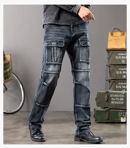 Autumn and winter new styles Men's Outdoor Wide Leg Workwear Multi-Pocket Jeans Straight fit plus size men's jeans  42 44