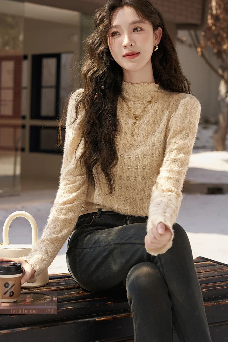 Lace Bottoming Shirt Women Autumn Winter Mock Neck Long Sleeve Knitted Pullover French Warm Inner Top Female MXC58Z0481