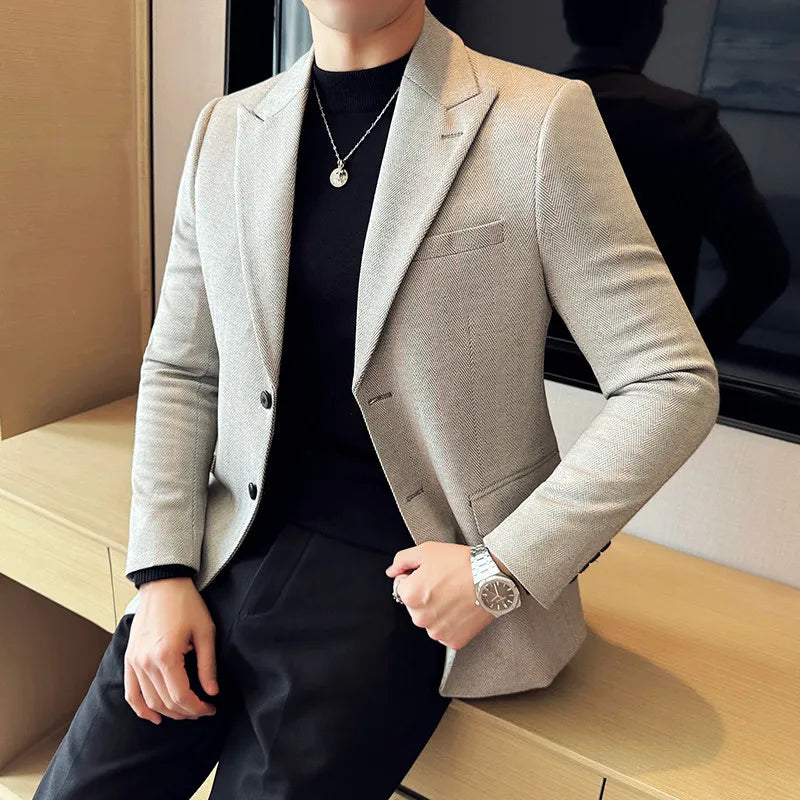 Men's Herringbone Stripe Suit Blazer Classic Lapel Dress Jacket Elegant Slim Fit Fashion Simple Casual Business Prom Suit Jacket