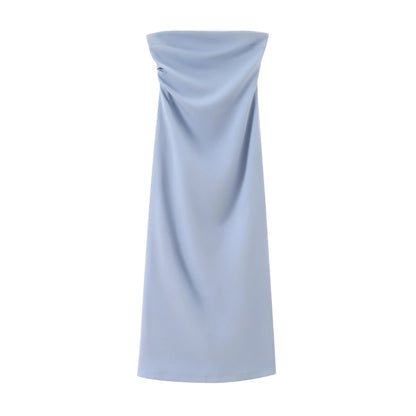 Women Fashion Summer New Sexy Split Back Zip Pleated Sleeveless Strapless Dress Chic Female French Elegant Evening