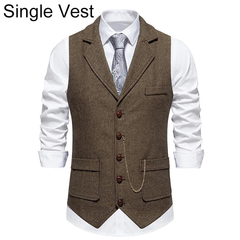 Man Suit Vest British Style Turn Down Collar Male Waistcoat Vintage Single-breasted Business Casual Men Coat Vest