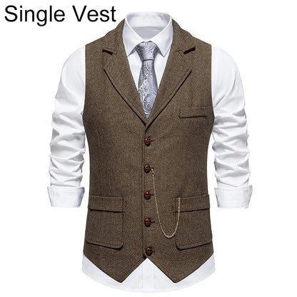 Man Suit Vest British Style Turn Down Collar Male Waistcoat Vintage Single-breasted Business Casual Men Coat Vest