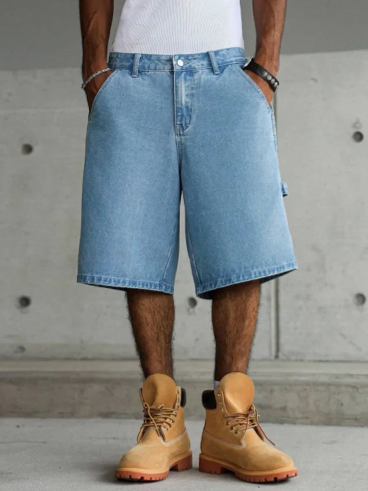 Men's Light Blue Wide-Leg Utility Denim Shorts for Summer