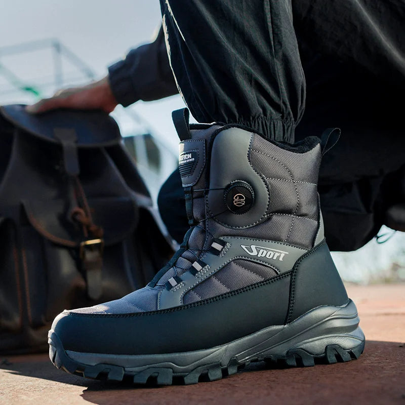 Rotating Button Men's Snow Boots Warm Plush Winter Boots Men Outdoors Cotton Shoes Wear resistant Mid-Calf Boots Platform Shoes