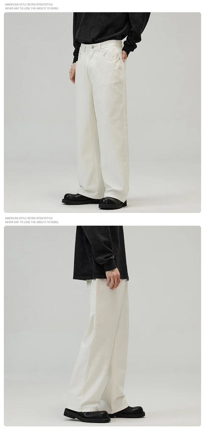 100％ Cotton Men's Baggy Straight Jeans Comfortable Soft Casual Pants Fashion Korean White Brown Denim Trousers Male Clothing