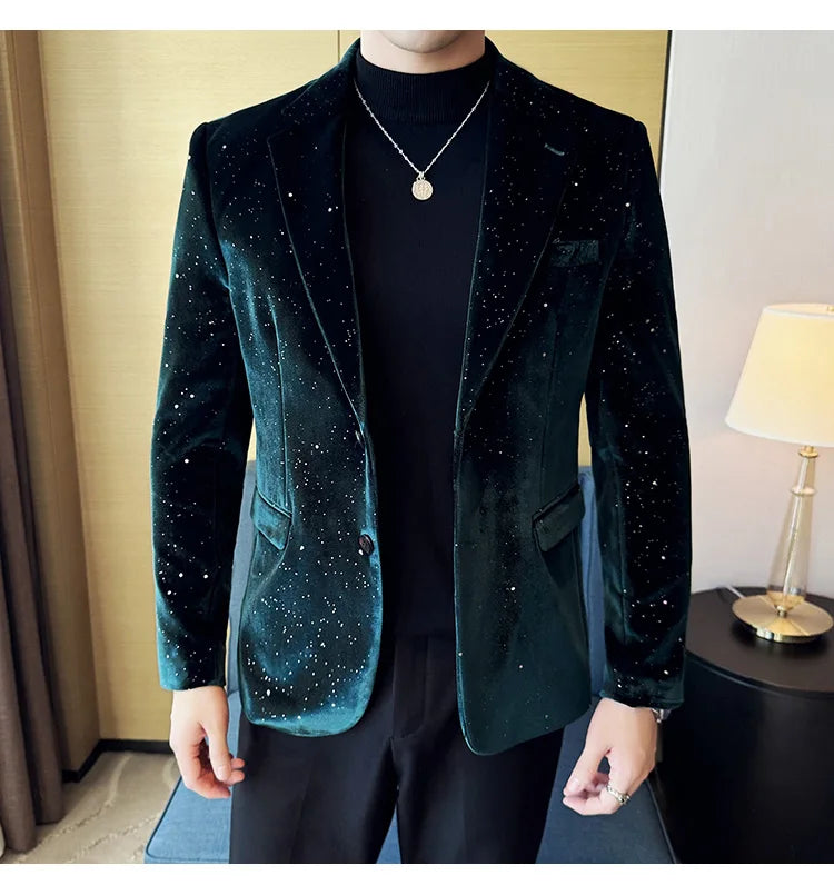 High Quality Velvet Bronzing Suit Coats Mens Sparkle Elegant Slim Business Suits Jacket Homme Formal Social Prom Party Tuxedos