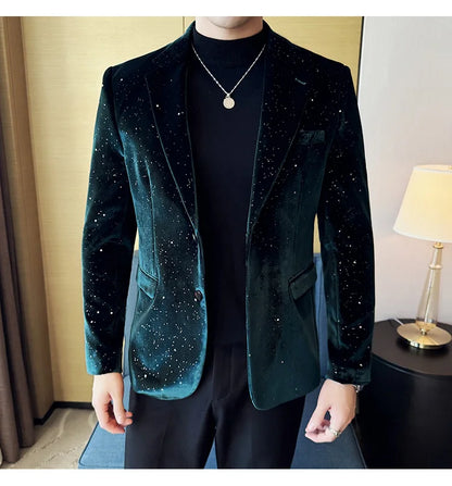 High Quality Velvet Bronzing Suit Coats Mens Sparkle Elegant Slim Business Suits Jacket Homme Formal Social Prom Party Tuxedos